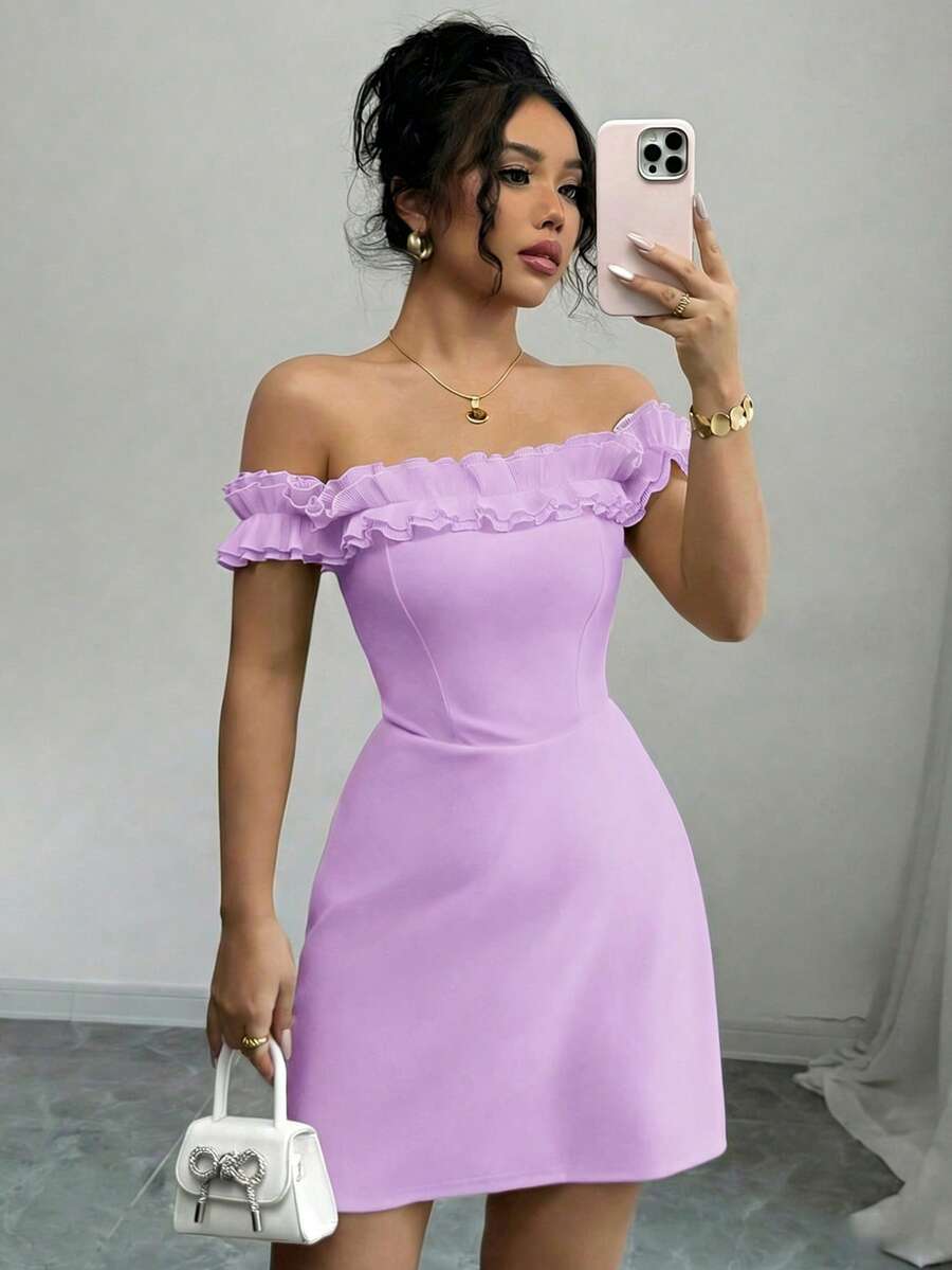 Women'S Fashion Jersey - Off Shoulder Ruffled Mini Dress For