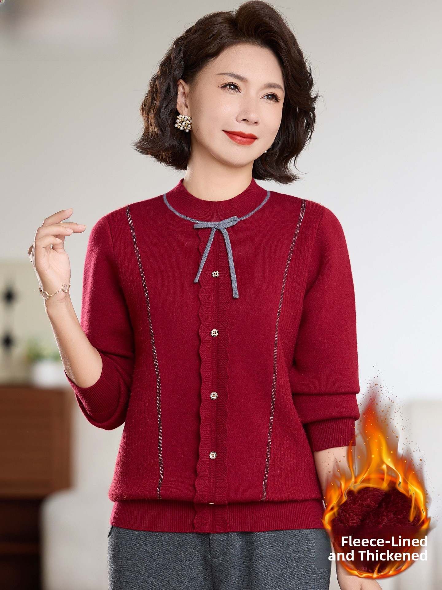Women Fashion Over 60 - 2026 Year Red Knitted Thickened Sweater