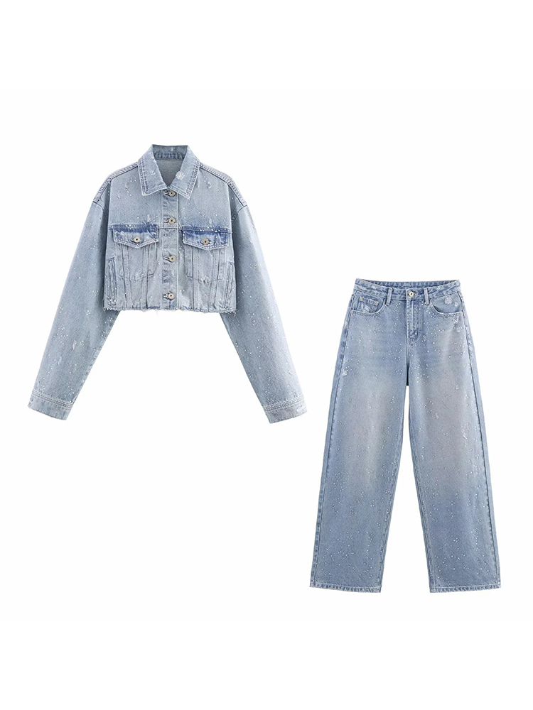 Women'S Fashion Denim Jacket - Women Water Drill Decoration Denim Trouser