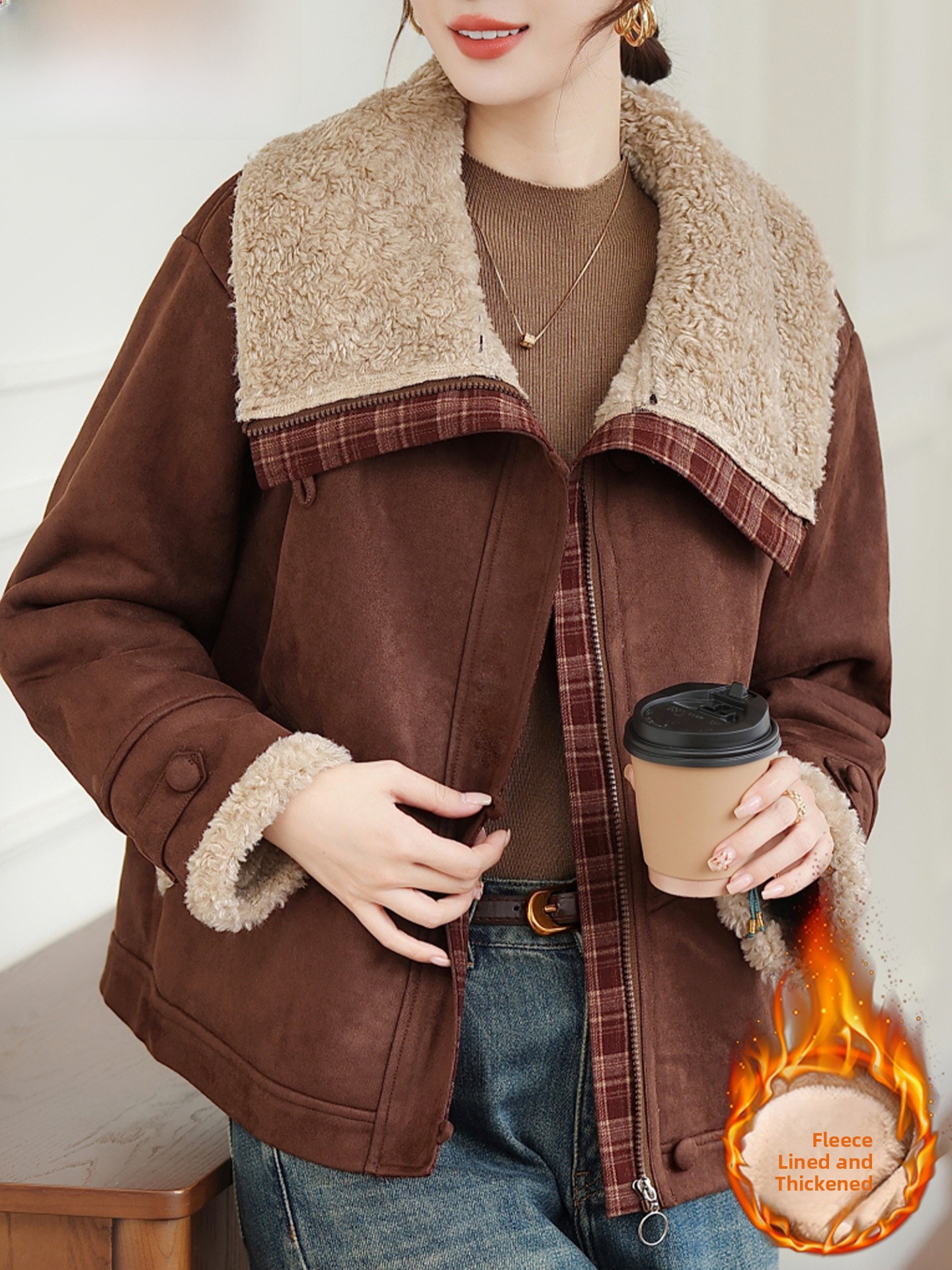 Women Fashion Over 60 - Lamb Fur Collar Parka Coat Winter