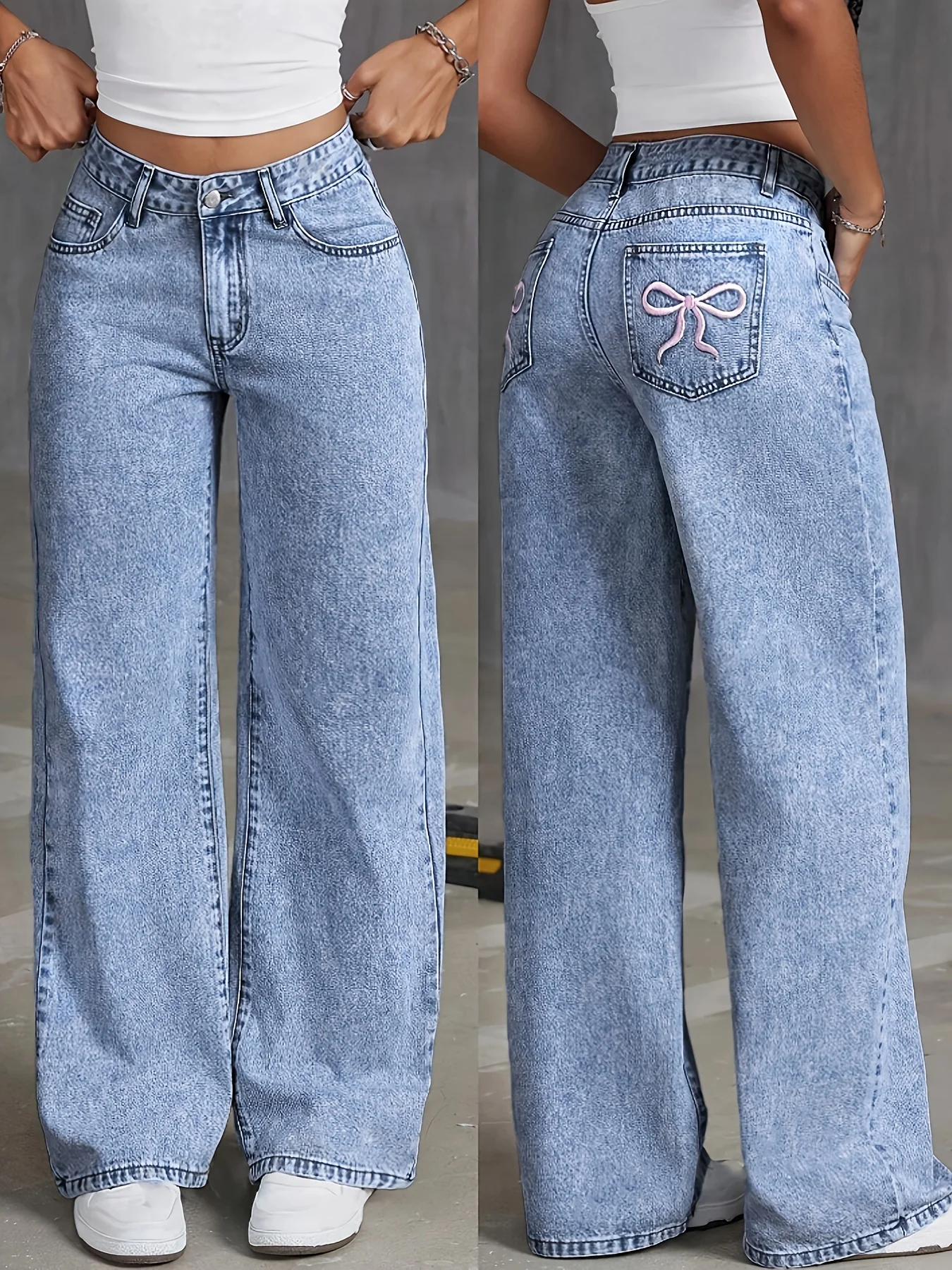 Mom Jeans Women - Women's Back Pocket Bow Embroidered Fashionable