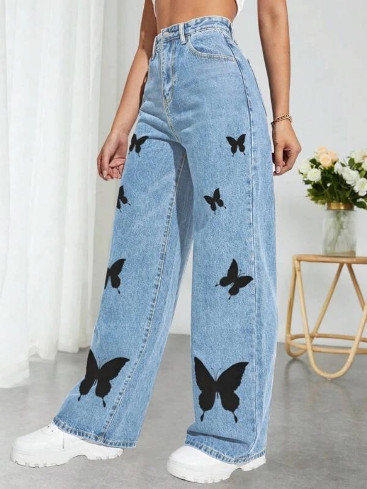 Mom Jeans Women - 2023 Fall Trousers High Waist Butterfly
