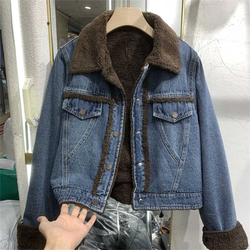 Women'S Fashion Denim Jacket - Thickened Denim Winter Coat Cotton Padded