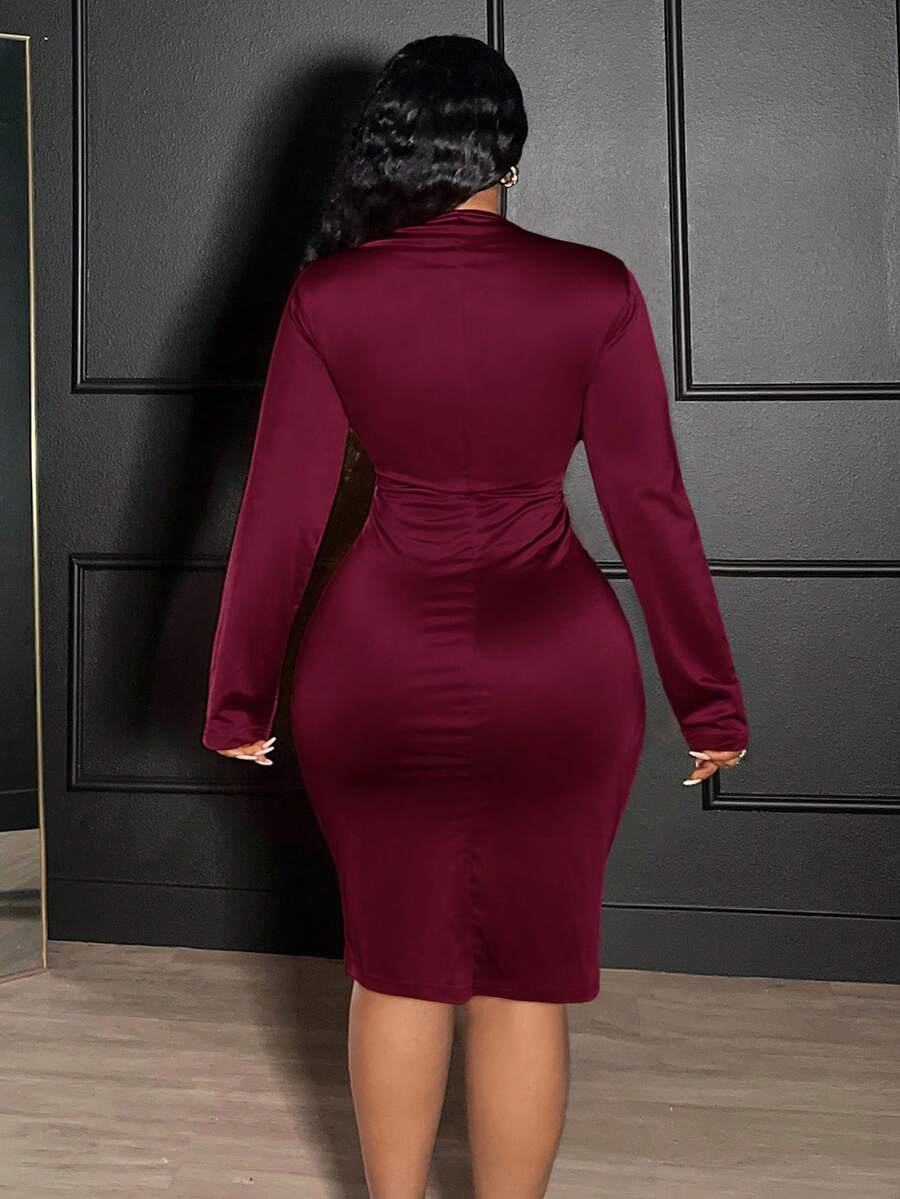 Women'S Fashion Jersey - Elegant Sexy Ruched V-Neck Bodycon Long