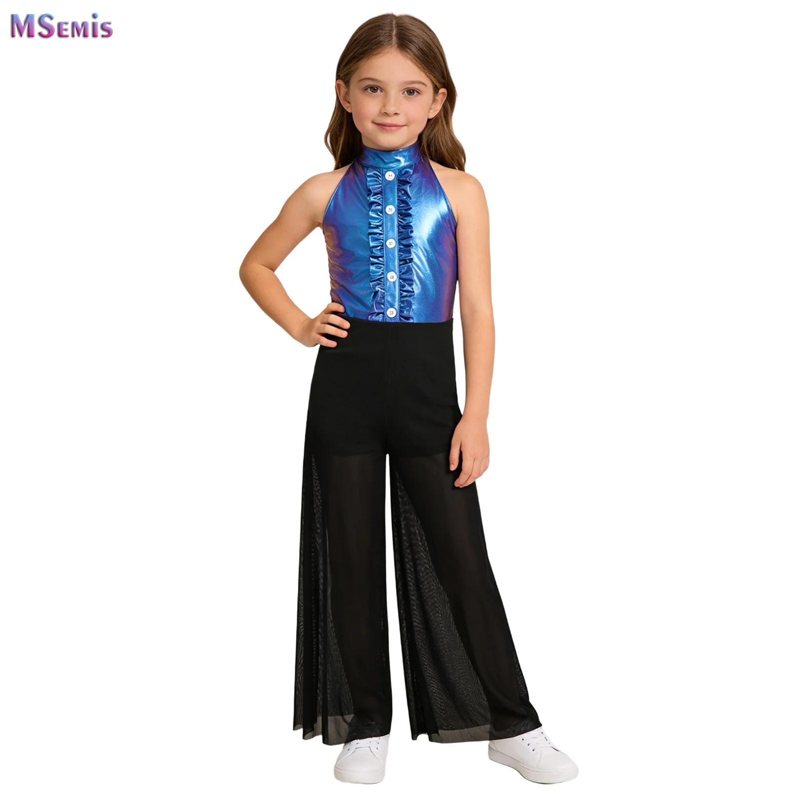 Sleeveless Jumpsuit - Kids Girls Metallic Bodice Mesh Wide-Leg