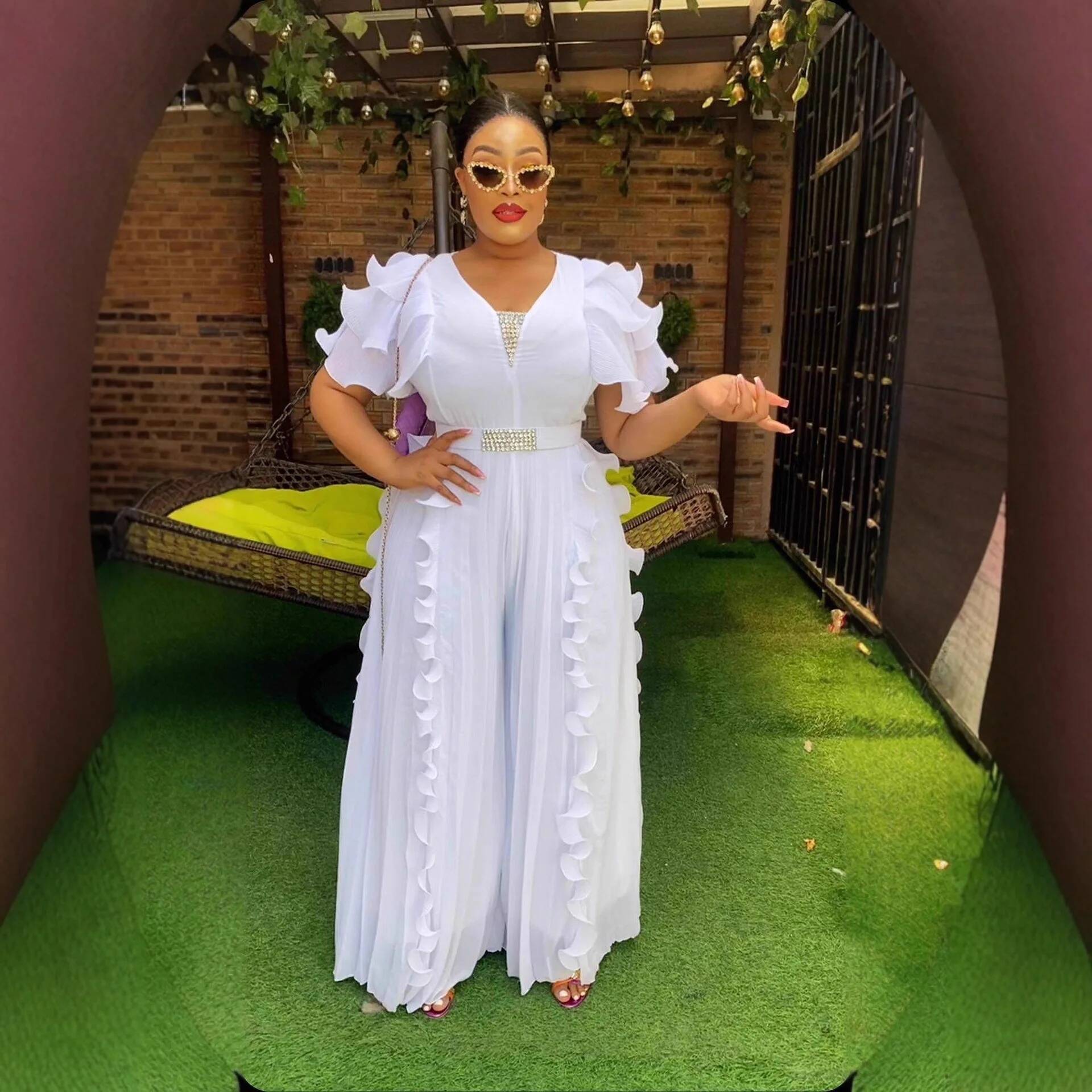 Plus Size Women V-neck Ruffle  - Wide Leg Palazzo Pants 리뷰 및 가격