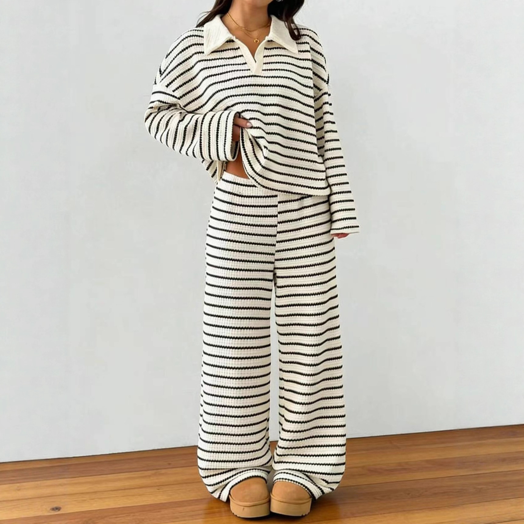 Women's Striped Knit Two Piece - Wide Leg Palazzo Pants 리뷰 및 가격