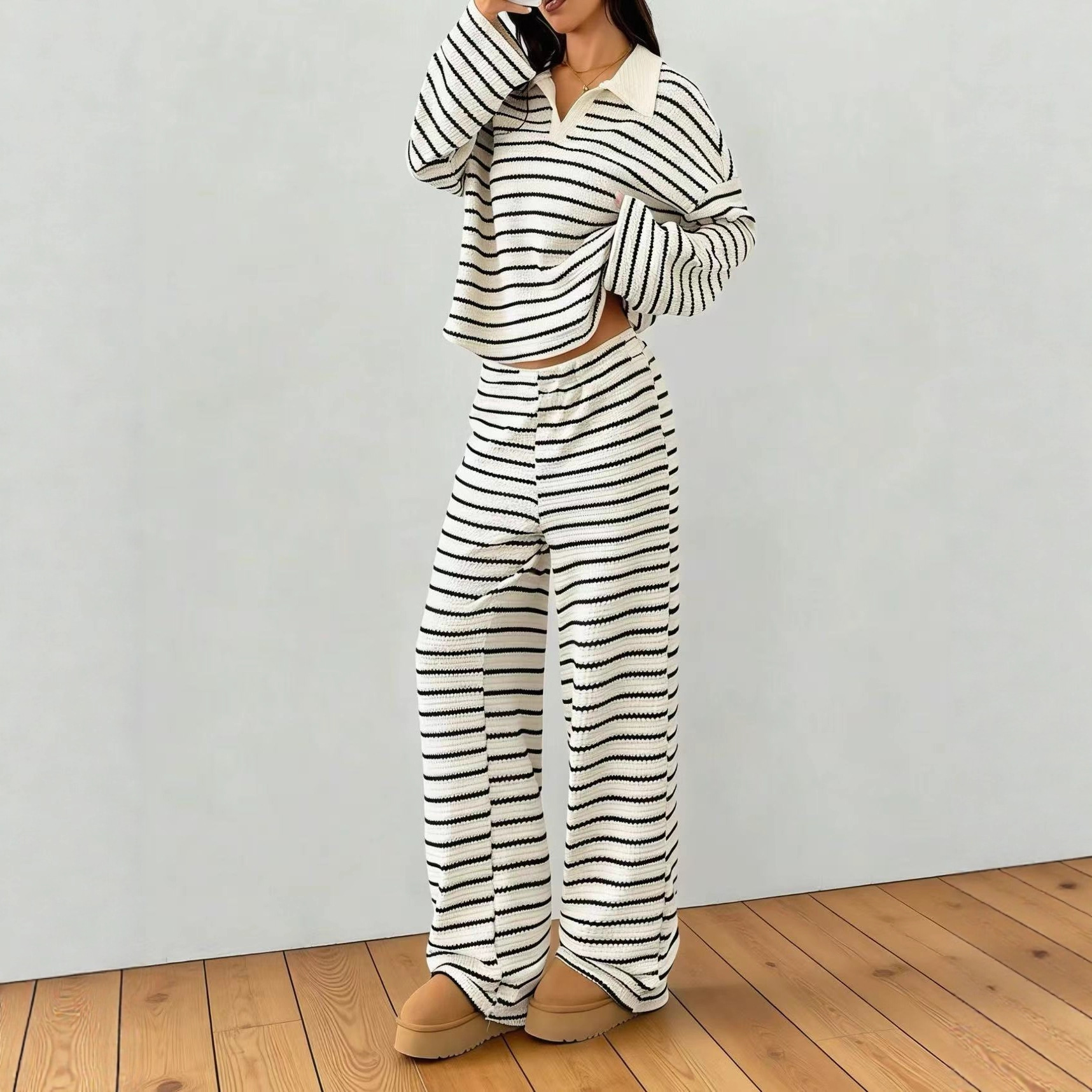 Women's Striped Knit Two Piece - Wide Leg Palazzo Pants 리뷰 및 가격