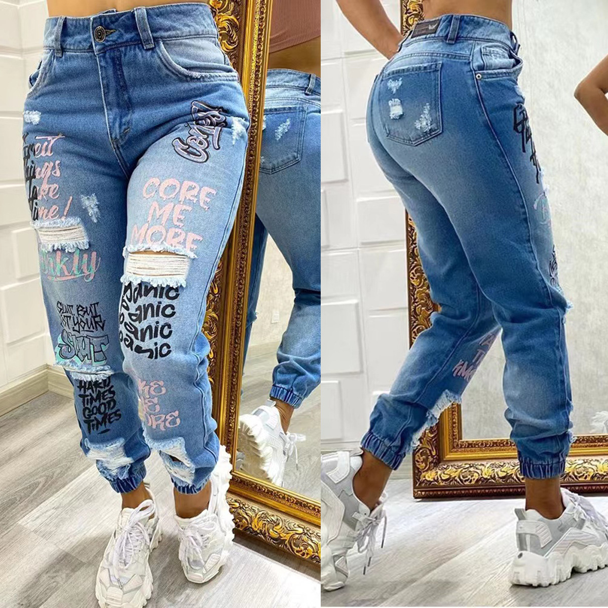 2024 New Letter Print Slant Po - Mom Jeans Women 리뷰 및 가격