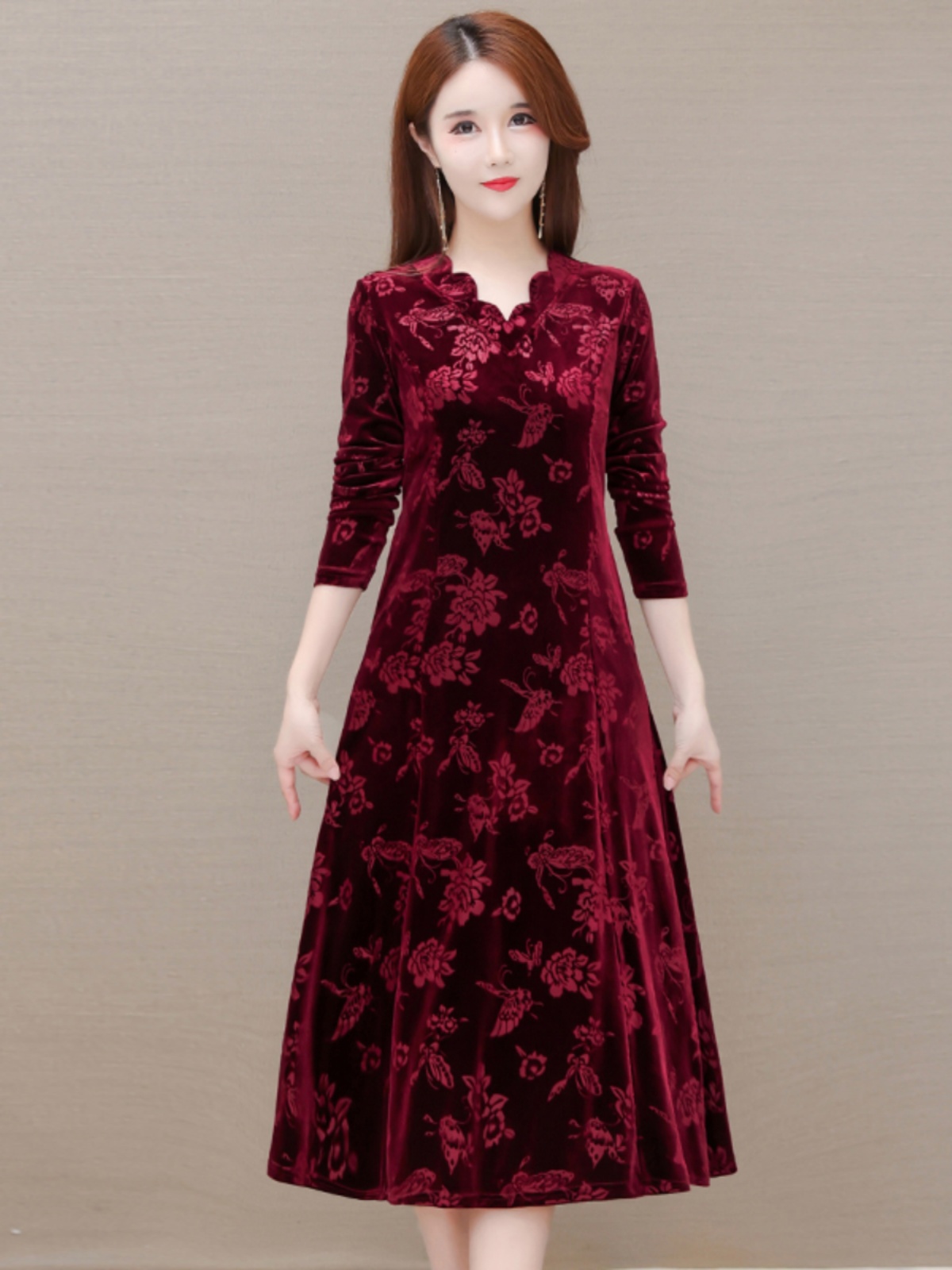 Elegant Velvet Dress V-Neck Mi - Women Fashion Over 60 리뷰 및 가격