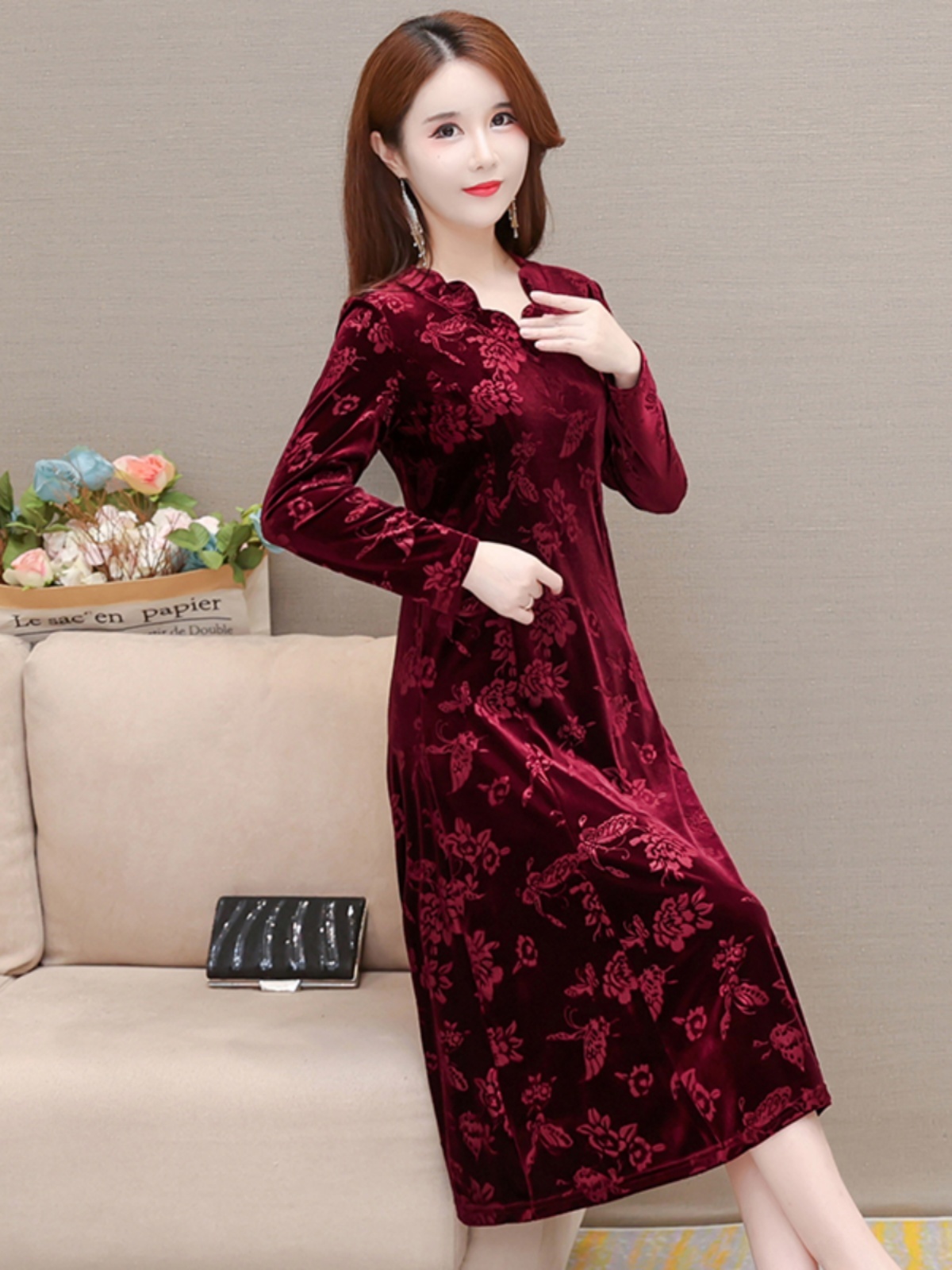 Elegant Velvet Dress V-Neck Mi - Women Fashion Over 60 리뷰 및 가격