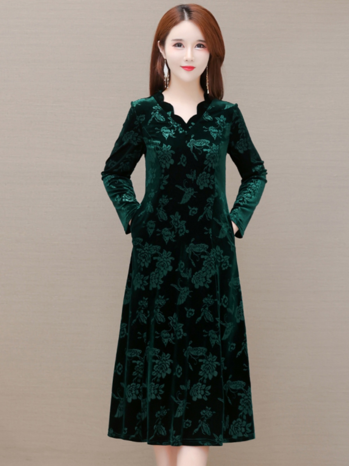 Elegant Velvet Dress V-Neck Mi - Women Fashion Over 60 리뷰 및 가격