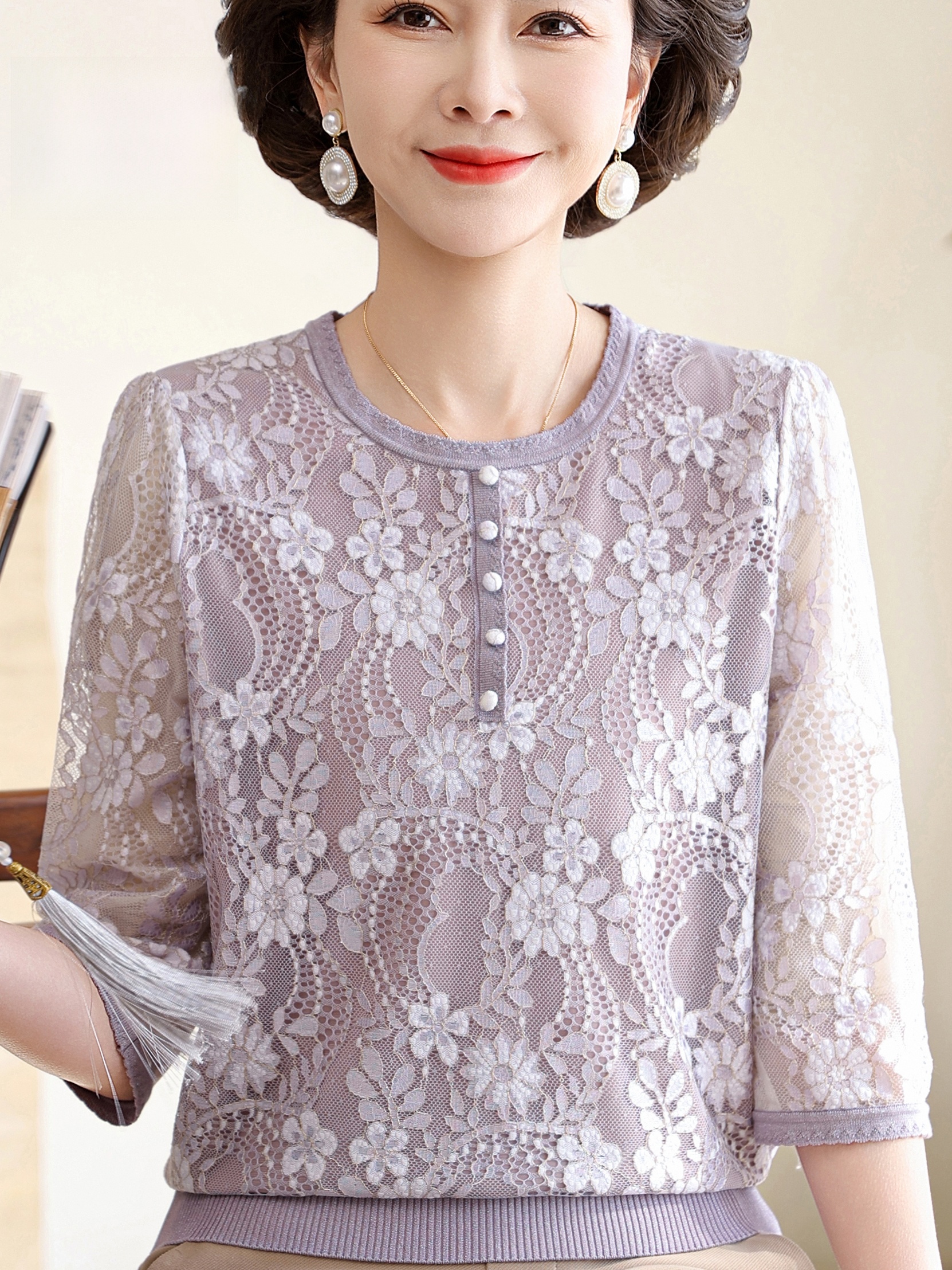 Summer Lace Splice V-Neck Thre - Women Fashion Over 60 리뷰 및 가격